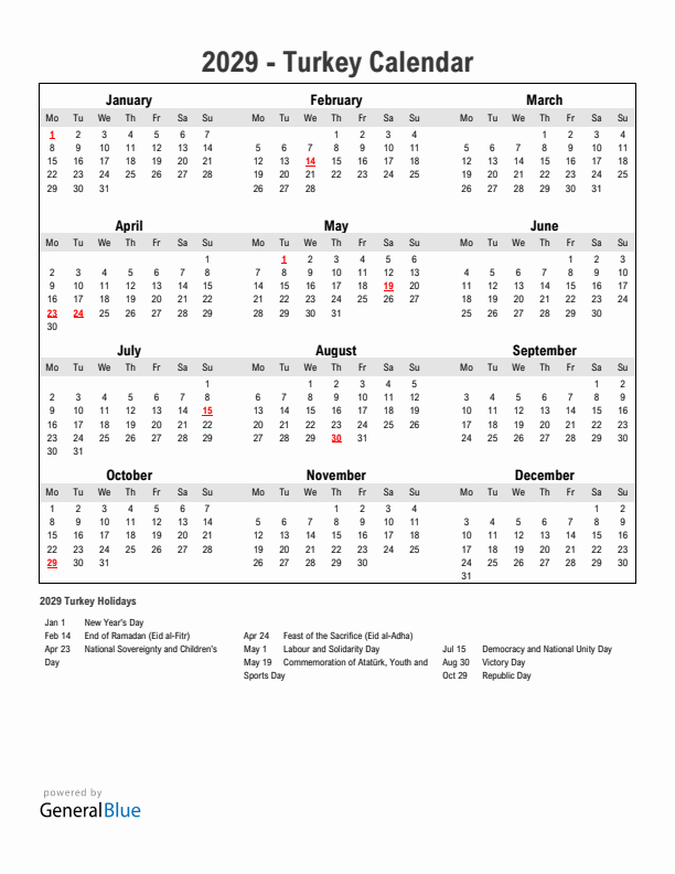 Year 2029 Simple Calendar With Holidays in Turkey