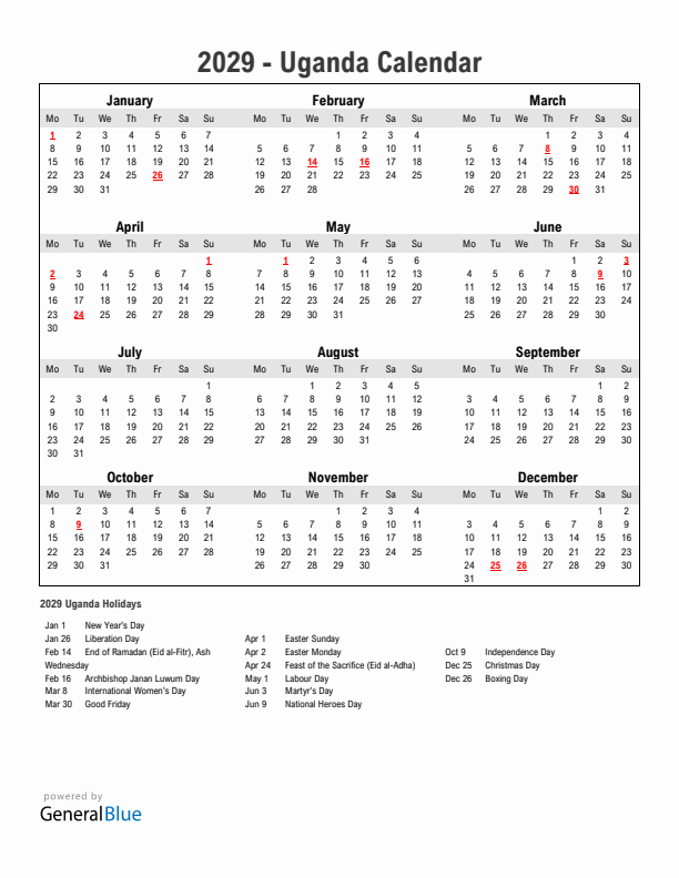 Year 2029 Simple Calendar With Holidays in Uganda