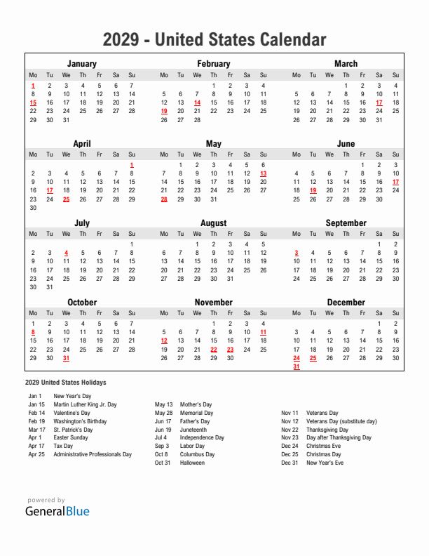 Year 2029 Simple Calendar With Holidays in United States