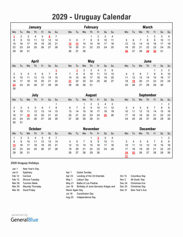 Year 2029 Simple Calendar With Holidays in Uruguay