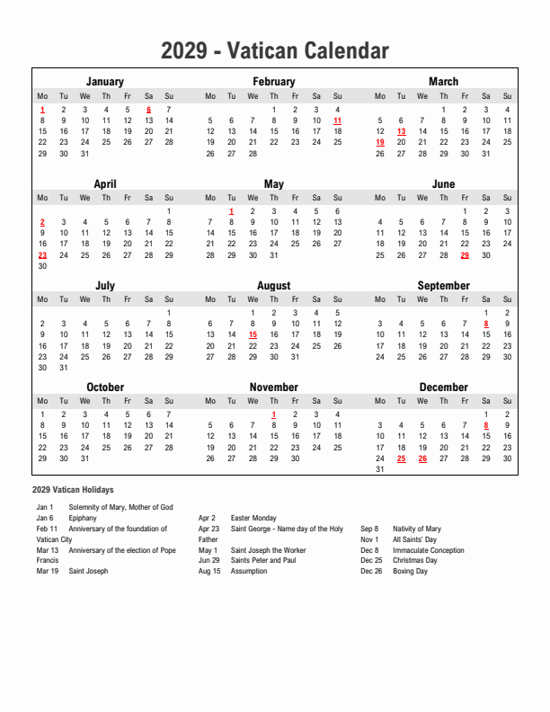 Year 2029 Simple Calendar With Holidays in Vatican
