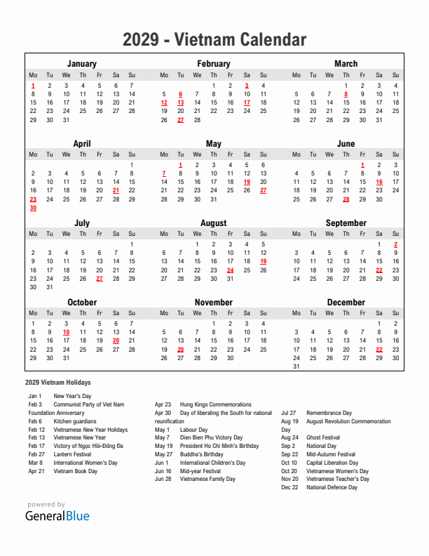Year 2029 Simple Calendar With Holidays in Vietnam