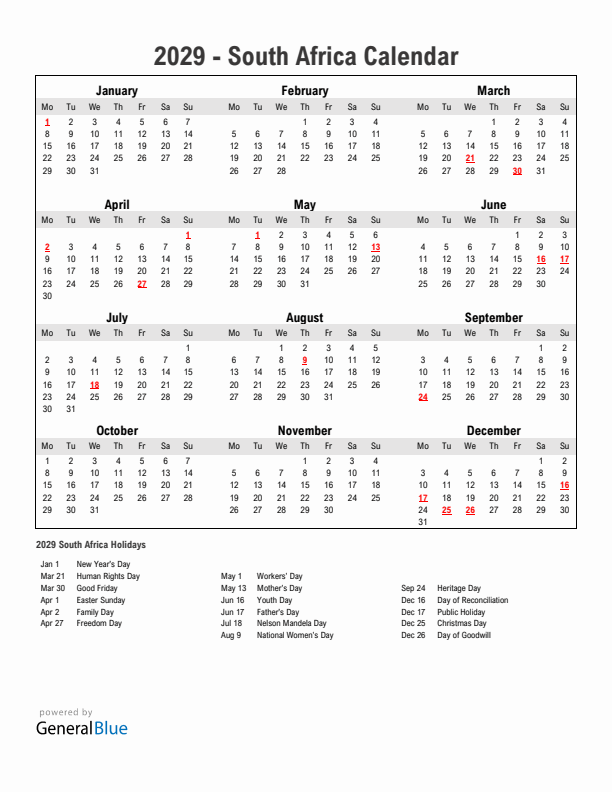 Year 2029 Simple Calendar With Holidays in South Africa