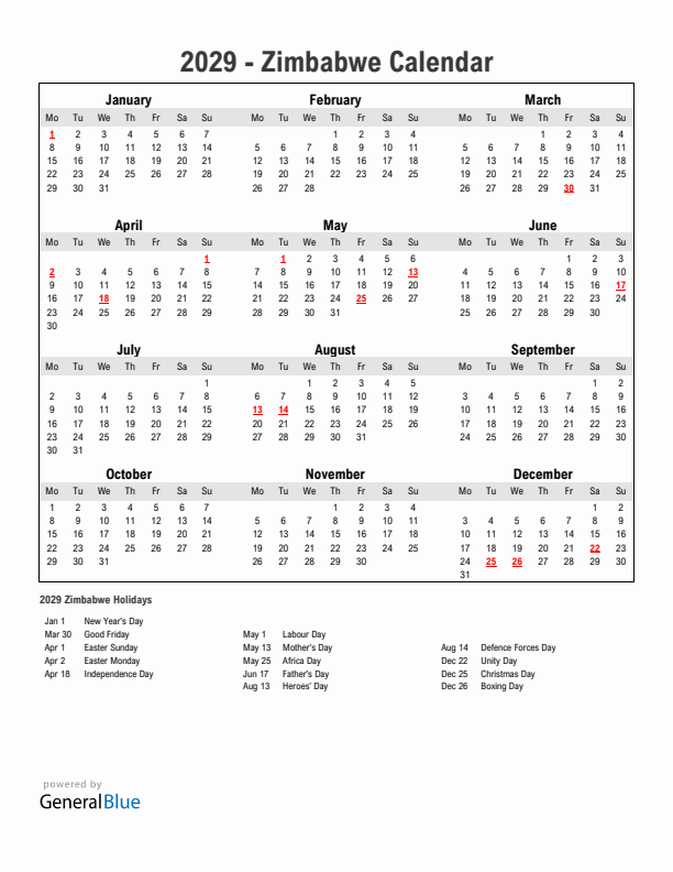 Year 2029 Simple Calendar With Holidays in Zimbabwe