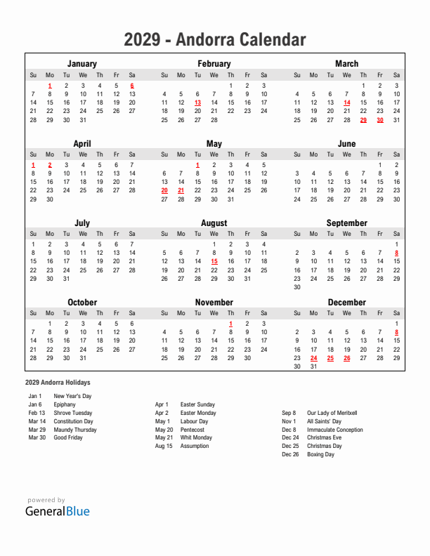 Year 2029 Simple Calendar With Holidays in Andorra