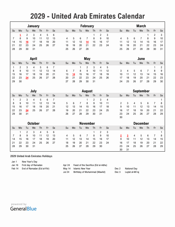 Year 2029 Simple Calendar With Holidays in United Arab Emirates
