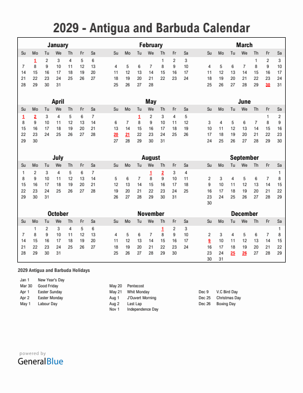Year 2029 Simple Calendar With Holidays in Antigua and Barbuda