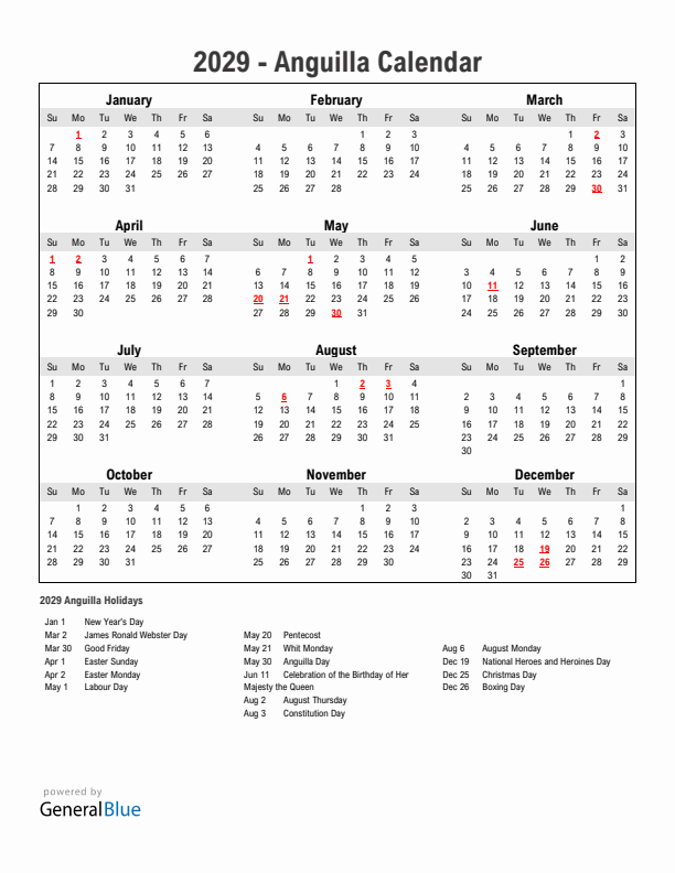 Year 2029 Simple Calendar With Holidays in Anguilla