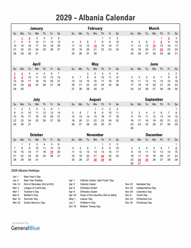 Year 2029 Simple Calendar With Holidays in Albania