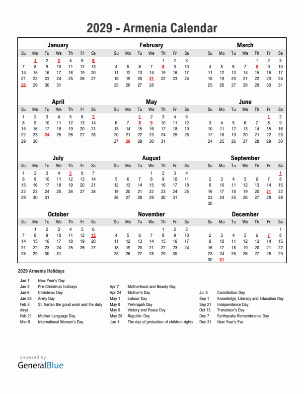 Year 2029 Simple Calendar With Holidays in Armenia