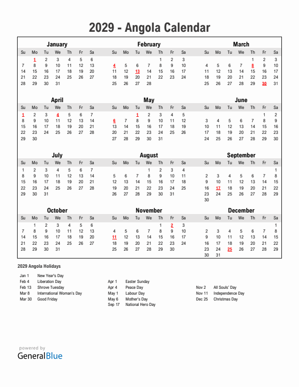 Year 2029 Simple Calendar With Holidays in Angola
