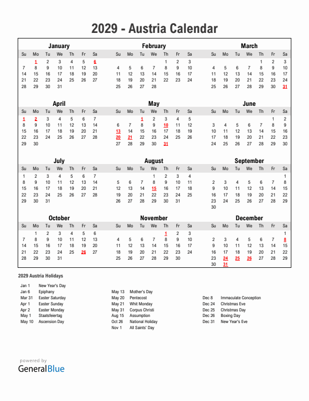 Year 2029 Simple Calendar With Holidays in Austria