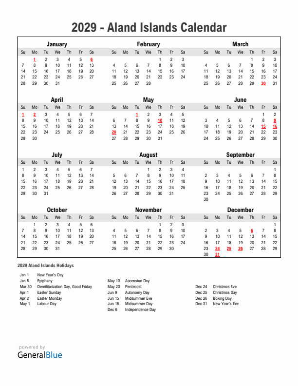 Year 2029 Simple Calendar With Holidays in Aland Islands