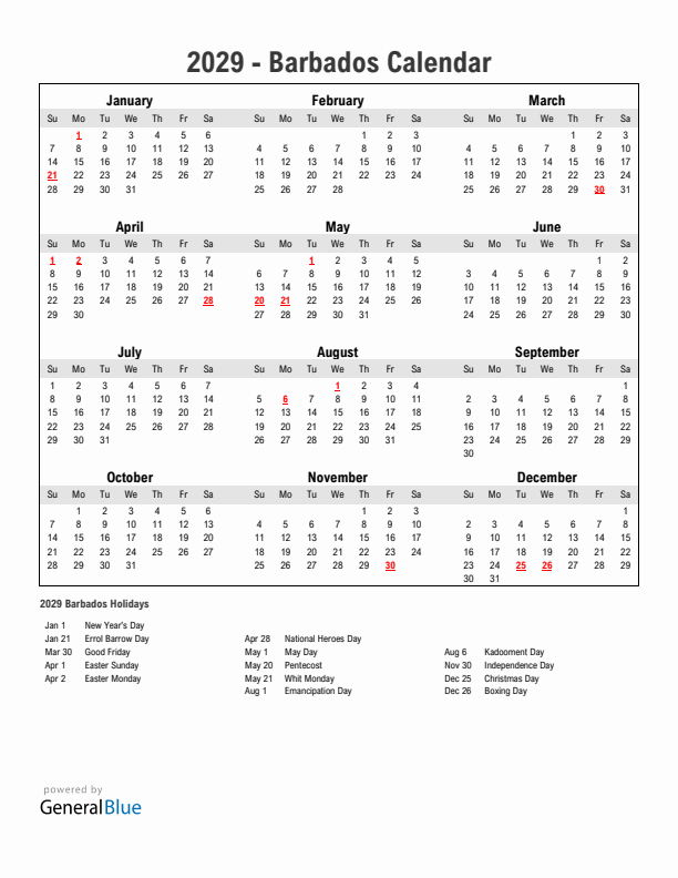 Year 2029 Simple Calendar With Holidays in Barbados