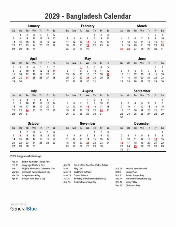 Year 2029 Simple Calendar With Holidays in Bangladesh