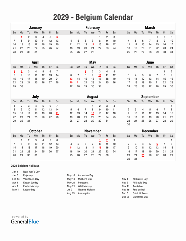 Year 2029 Simple Calendar With Holidays in Belgium