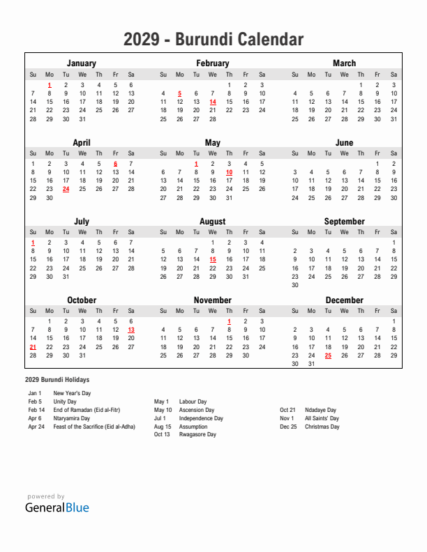 Year 2029 Simple Calendar With Holidays in Burundi