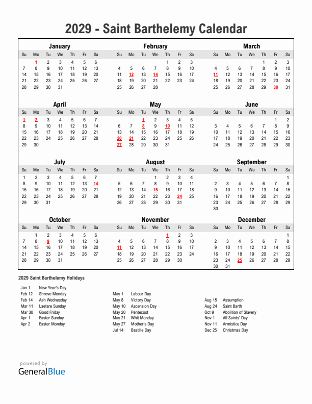 Year 2029 Simple Calendar With Holidays in Saint Barthelemy