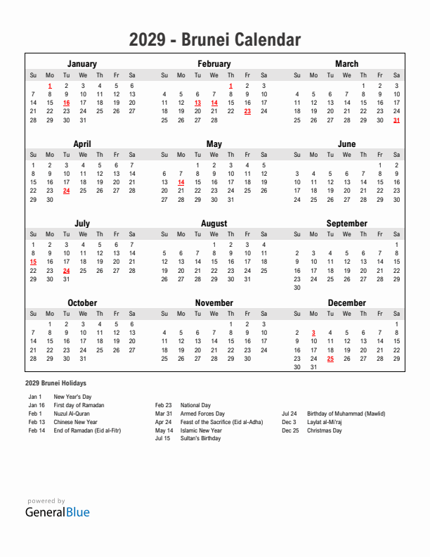 Year 2029 Simple Calendar With Holidays in Brunei
