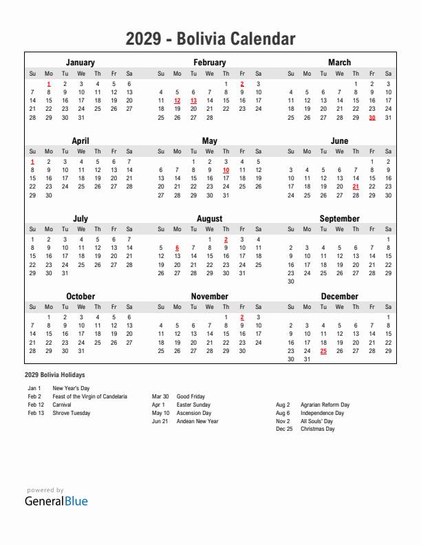 Year 2029 Simple Calendar With Holidays in Bolivia