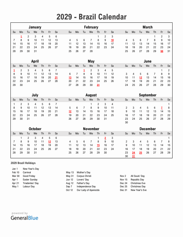 Year 2029 Simple Calendar With Holidays in Brazil