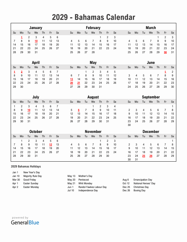 Year 2029 Simple Calendar With Holidays in Bahamas