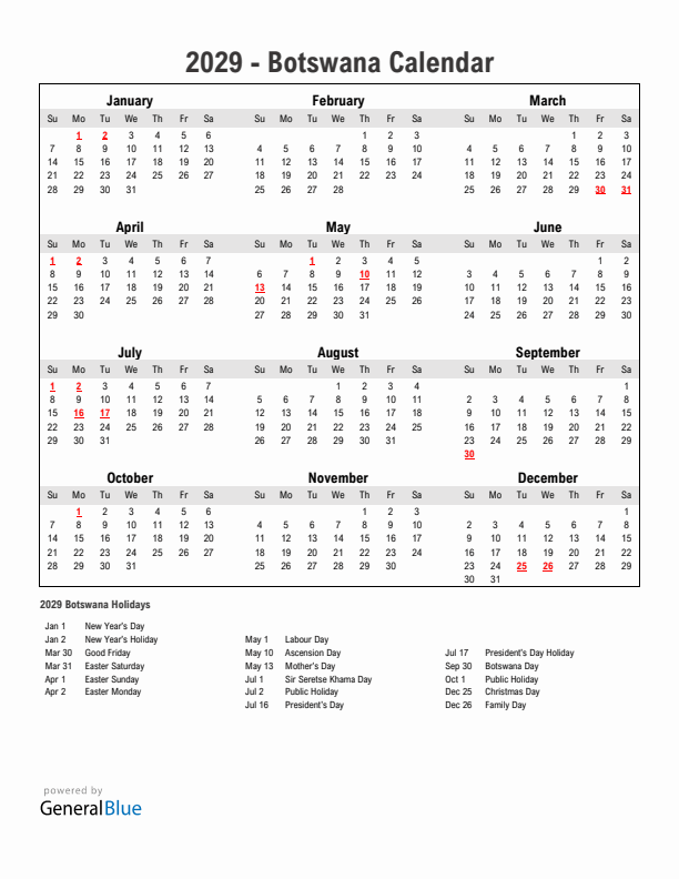 Year 2029 Simple Calendar With Holidays in Botswana