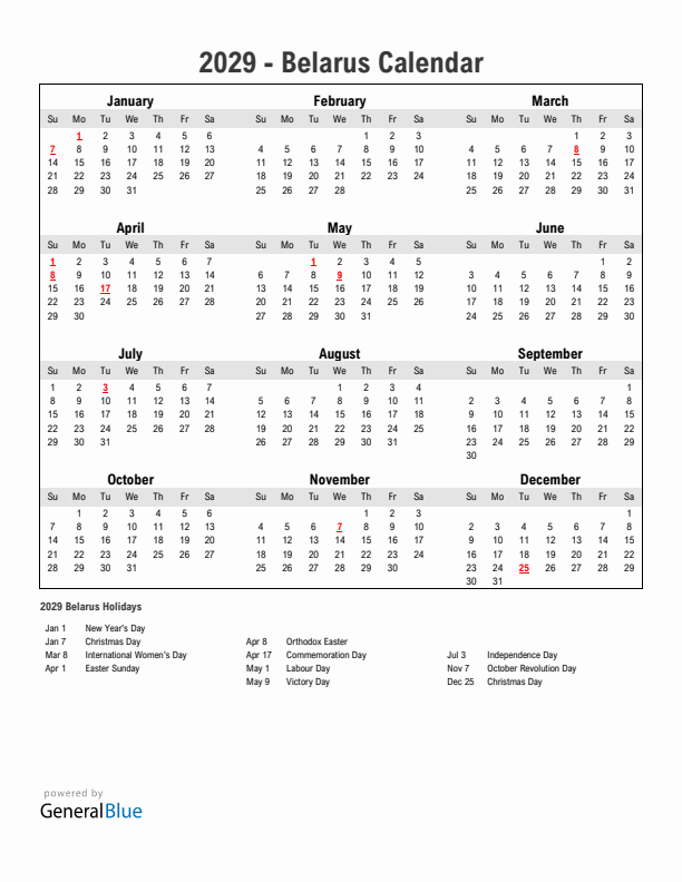Year 2029 Simple Calendar With Holidays in Belarus