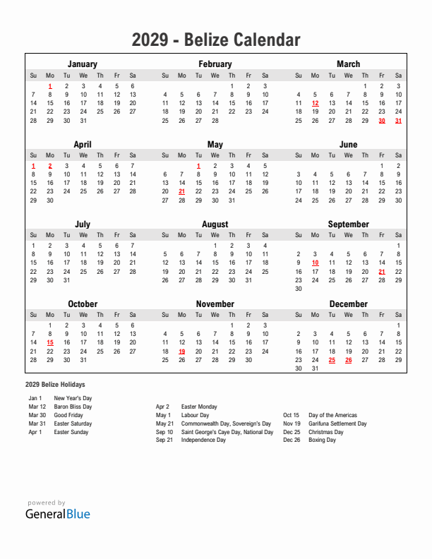 Year 2029 Simple Calendar With Holidays in Belize