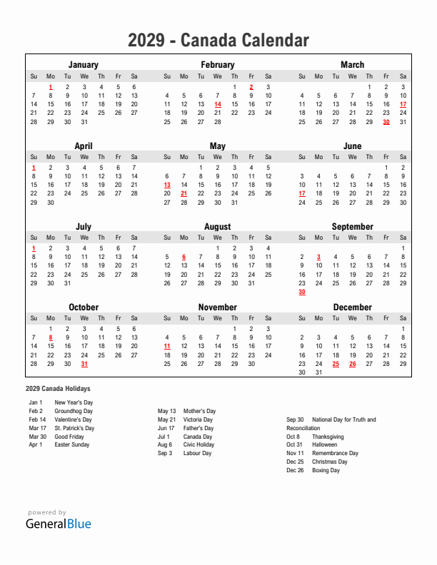 Year 2029 Simple Calendar With Holidays in Canada