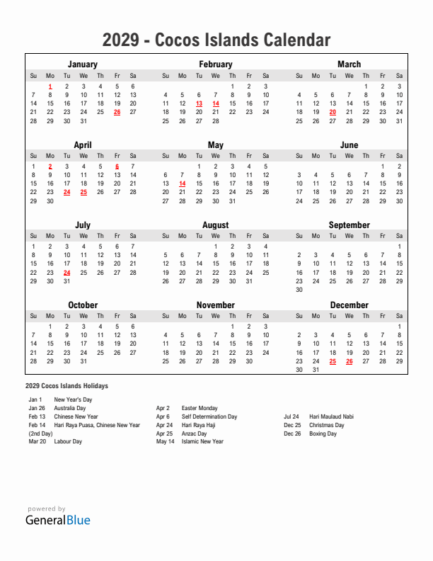 Year 2029 Simple Calendar With Holidays in Cocos Islands