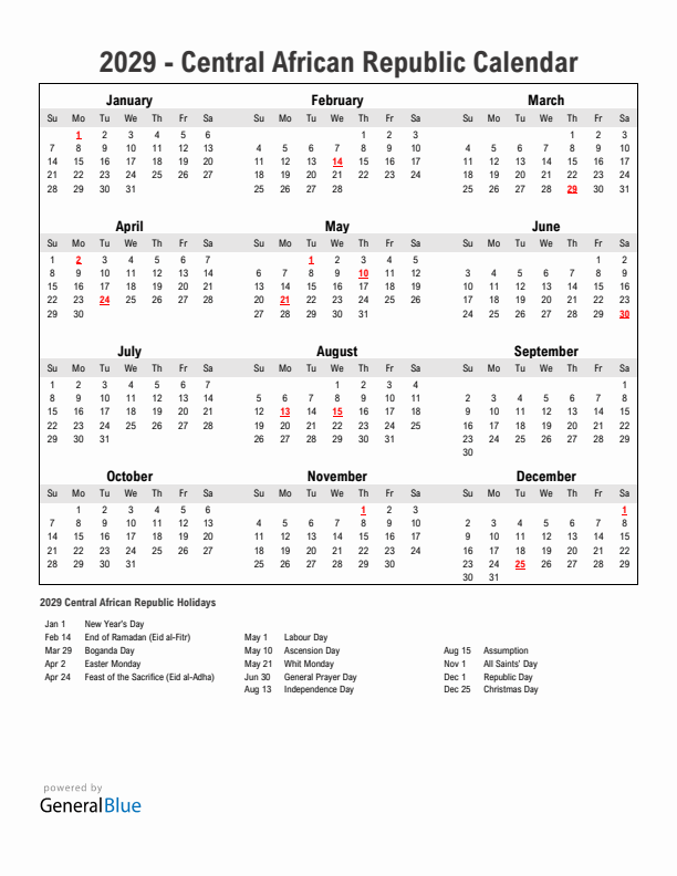Year 2029 Simple Calendar With Holidays in Central African Republic