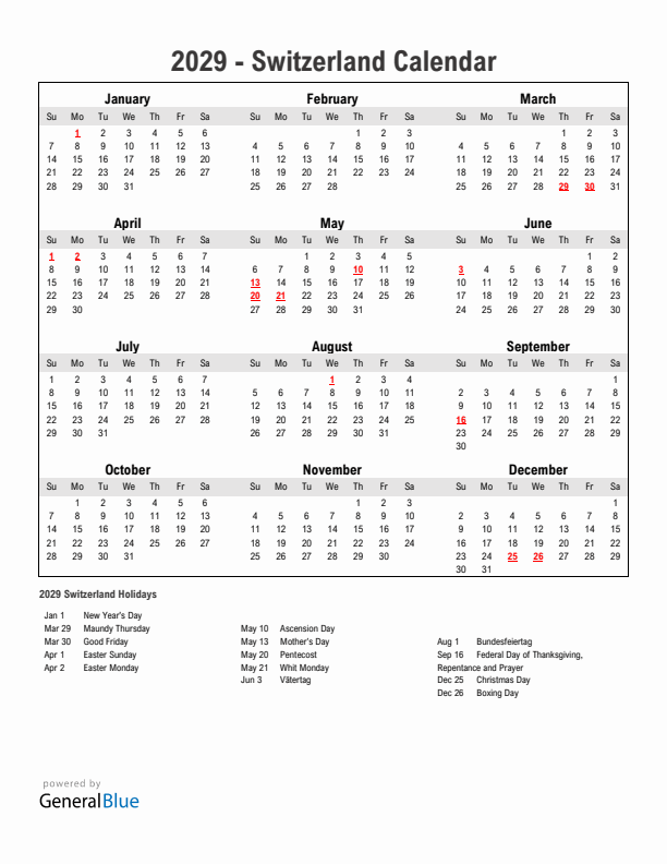 Year 2029 Simple Calendar With Holidays in Switzerland