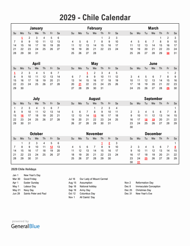 Year 2029 Simple Calendar With Holidays in Chile