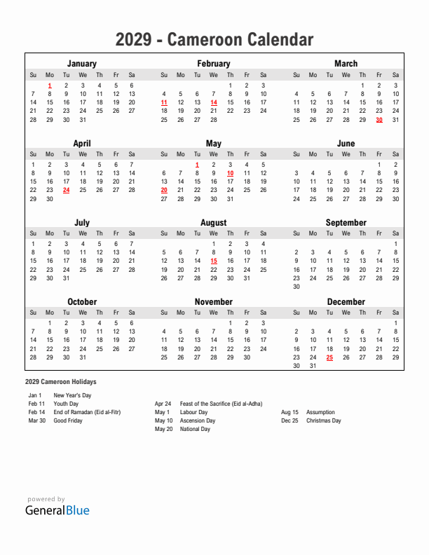 Year 2029 Simple Calendar With Holidays in Cameroon