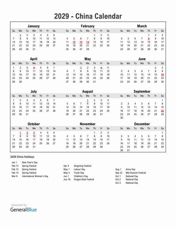 Year 2029 Simple Calendar With Holidays in China