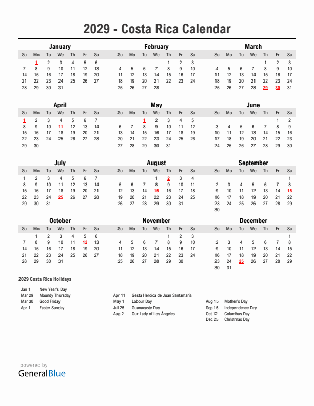 Year 2029 Simple Calendar With Holidays in Costa Rica
