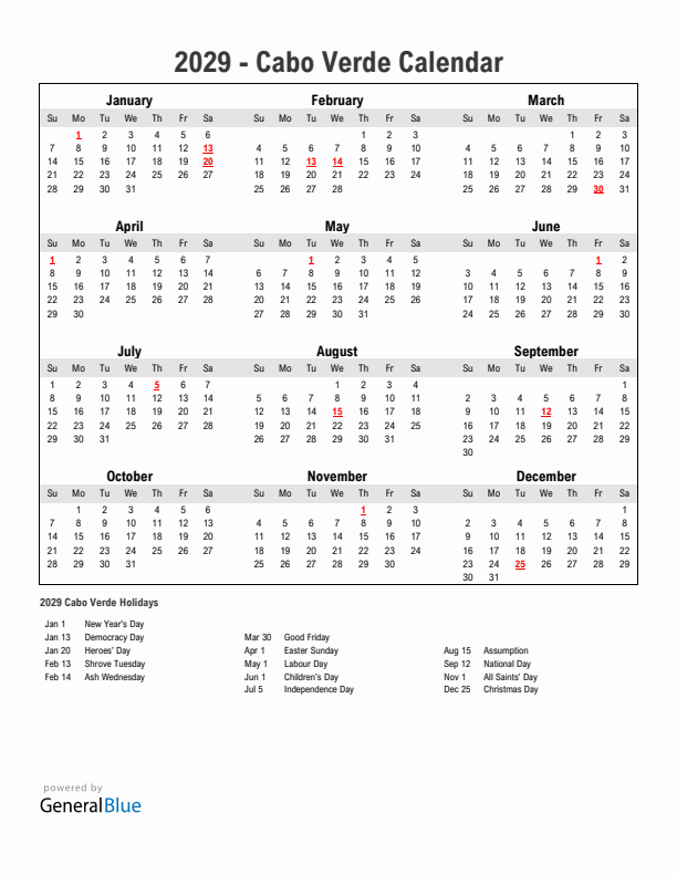 Year 2029 Simple Calendar With Holidays in Cabo Verde