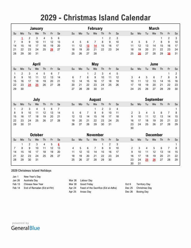 Year 2029 Simple Calendar With Holidays in Christmas Island