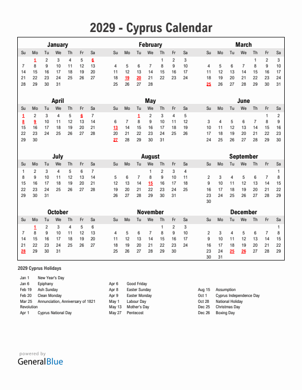 Year 2029 Simple Calendar With Holidays in Cyprus