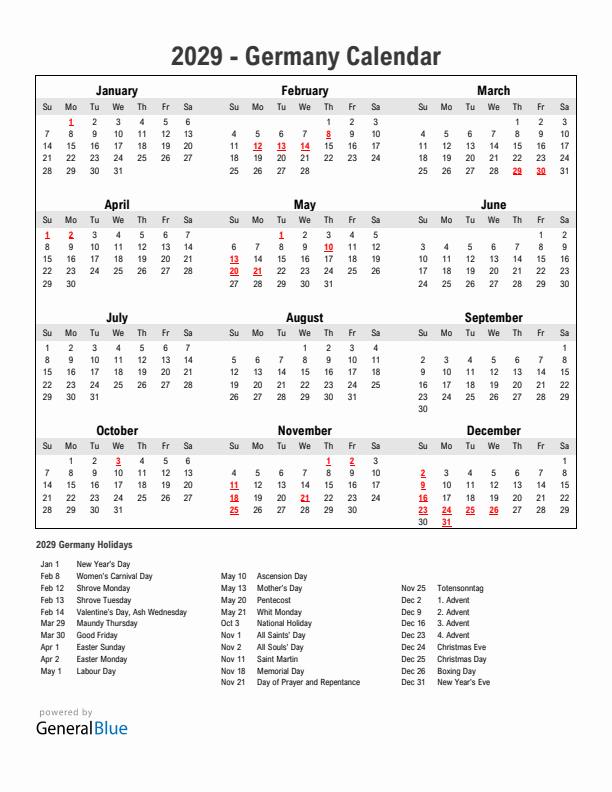 Year 2029 Simple Calendar With Holidays in Germany