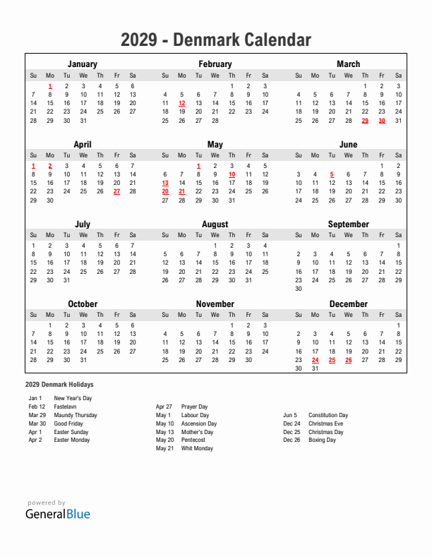 Year 2029 Simple Calendar With Holidays in Denmark