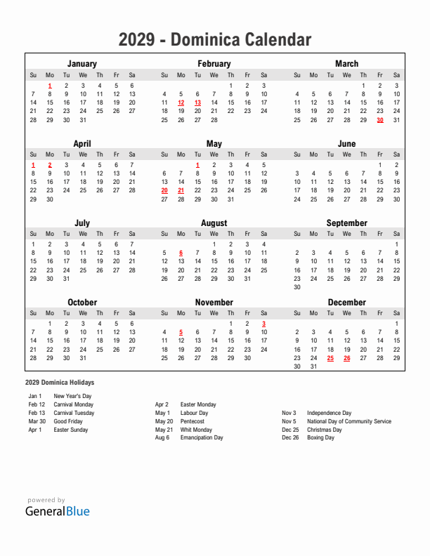 Year 2029 Simple Calendar With Holidays in Dominica