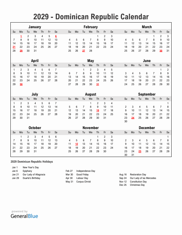 Year 2029 Simple Calendar With Holidays in Dominican Republic