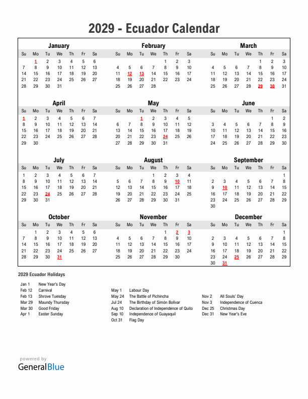 Year 2029 Simple Calendar With Holidays in Ecuador