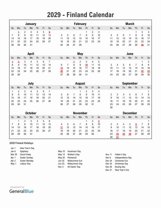 Year 2029 Simple Calendar With Holidays in Finland