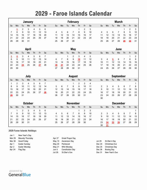 Year 2029 Simple Calendar With Holidays in Faroe Islands