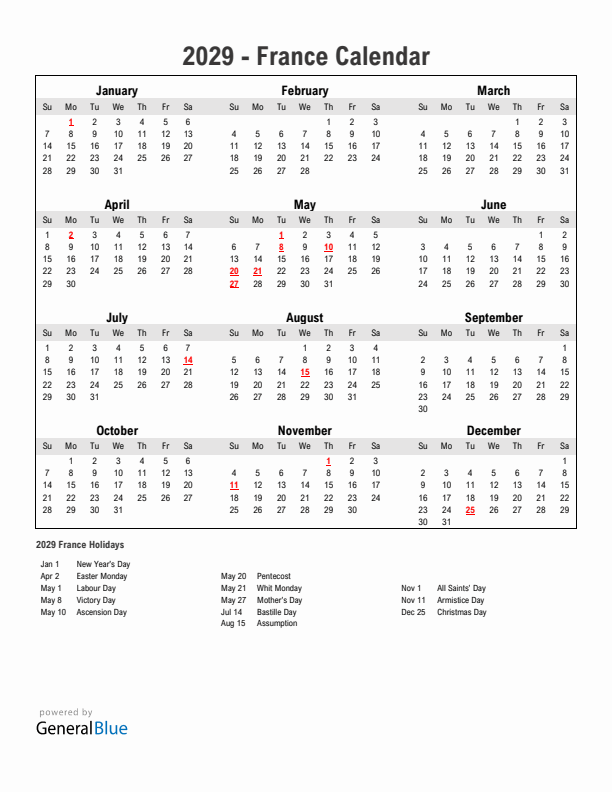 Year 2029 Simple Calendar With Holidays in France