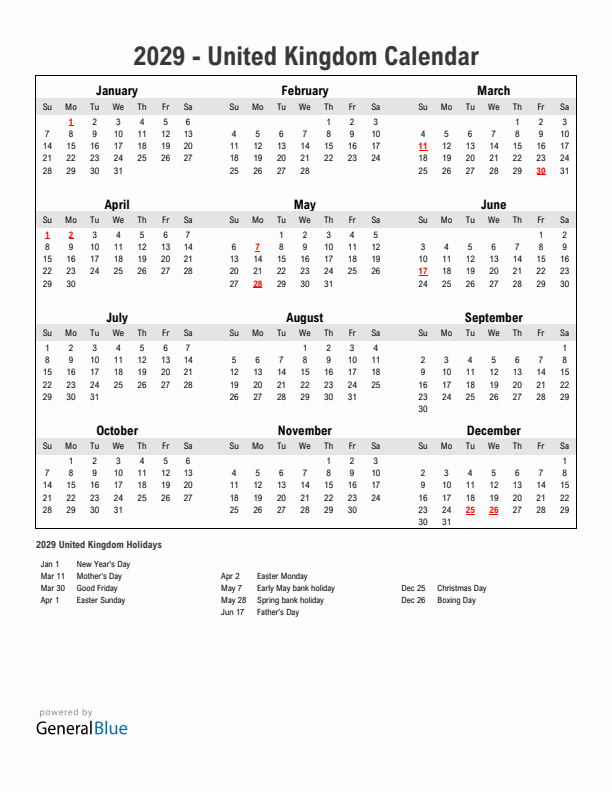 Year 2029 Simple Calendar With Holidays in United Kingdom
