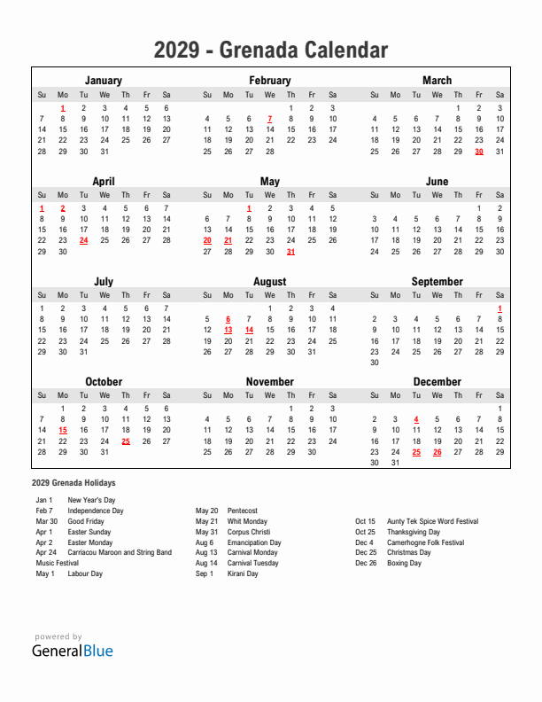 Year 2029 Simple Calendar With Holidays in Grenada